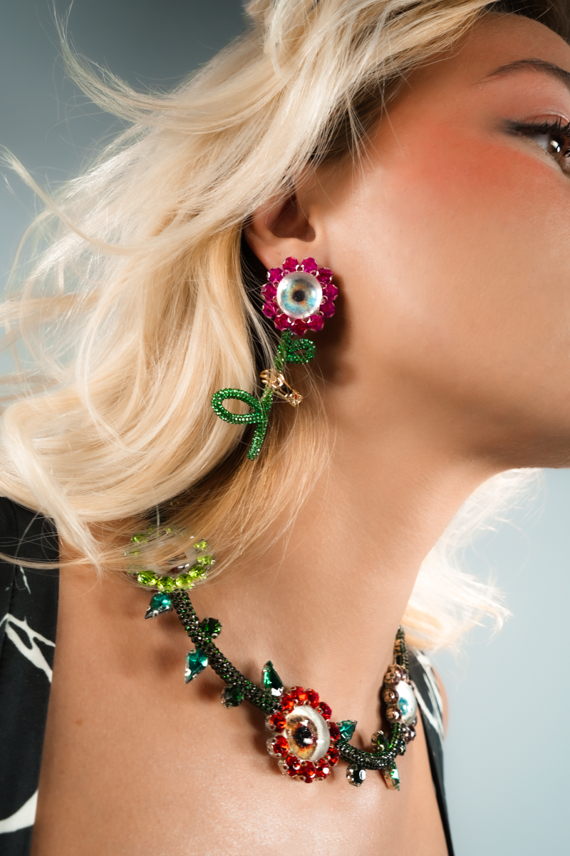 The Pink Flower & the Golden Hand Earrings