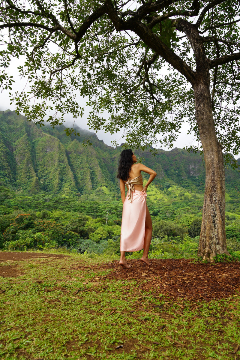Hawaiian landscape and girl wearing silk scarf from Lola Tong.